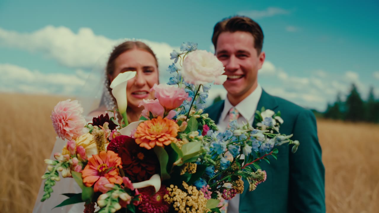 Emma and Noah laugh behind a bright bouquet in a golden field in Coeur d'Alene, Idaho